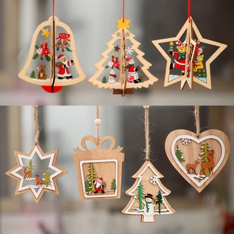 1PC 2D 3D Christmas Ornament Wooden Hanging Pendants Star Xmas Tree Bell Christmas Decorations For Home Navidad