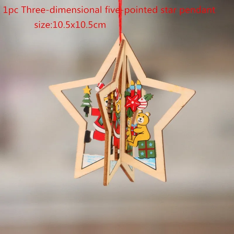 1PC 2D 3D Christmas Ornament Wooden Hanging Pendants Star Xmas Tree Bell Christmas Decorations For Home Navidad