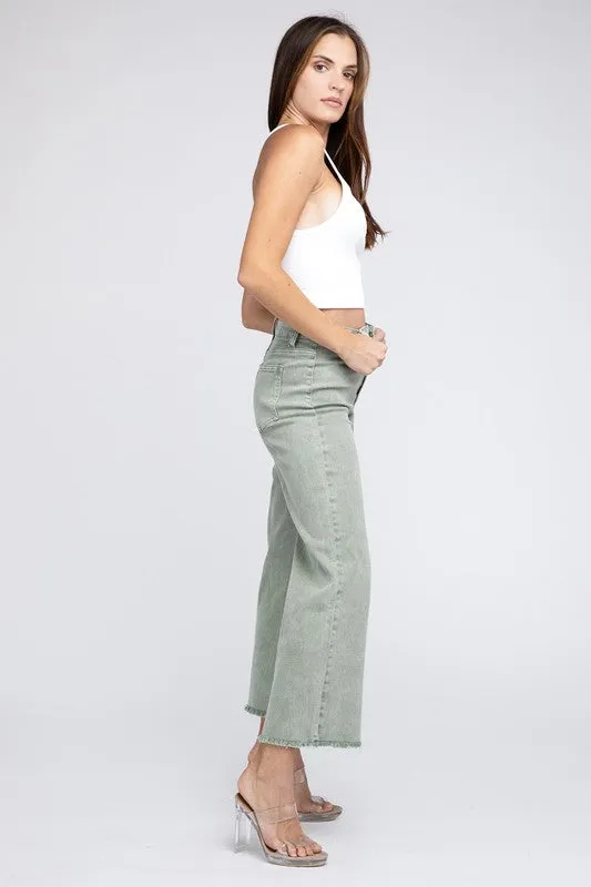 Acid Wash Frayed Cutoff Hem Straight Wide Pants