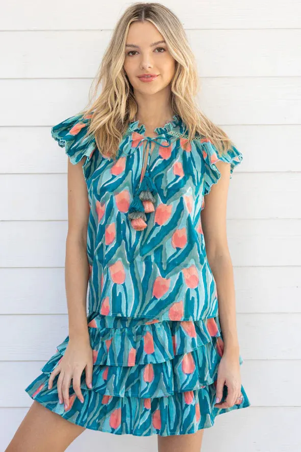 ALL Chloe Ruffle Top Teal Tulip Swirl