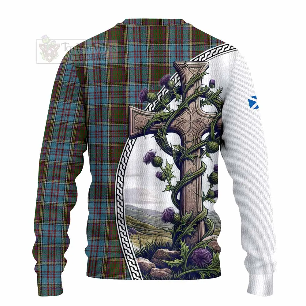 Anderson Tartan Knitted Sweater with Family Crest and St. Andrew's Cross Accented by Thistle Vines