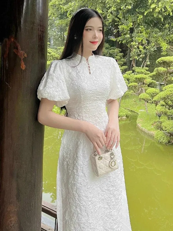 Ao Dai Vietnam White Puffy Sleeve Traditional Neck Includes One Ao Dai Top And Pants