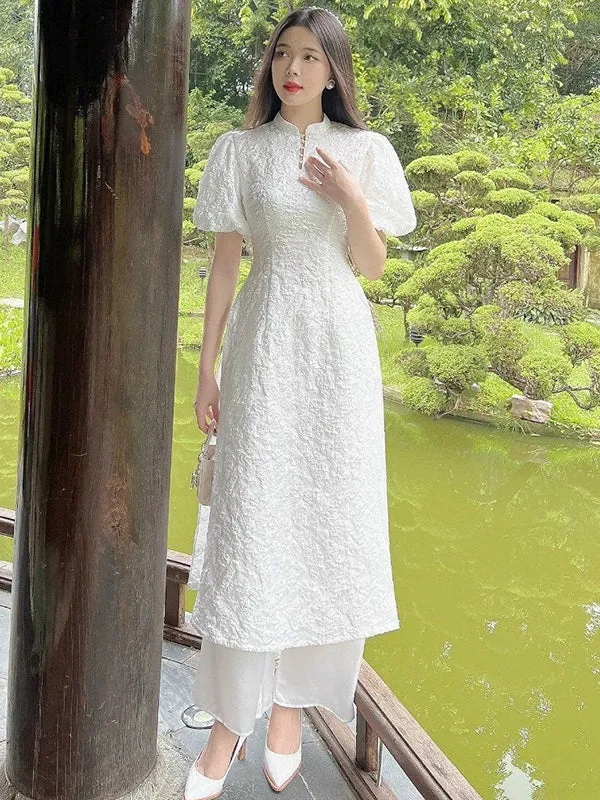 Ao Dai Vietnam White Puffy Sleeve Traditional Neck Includes One Ao Dai Top And Pants