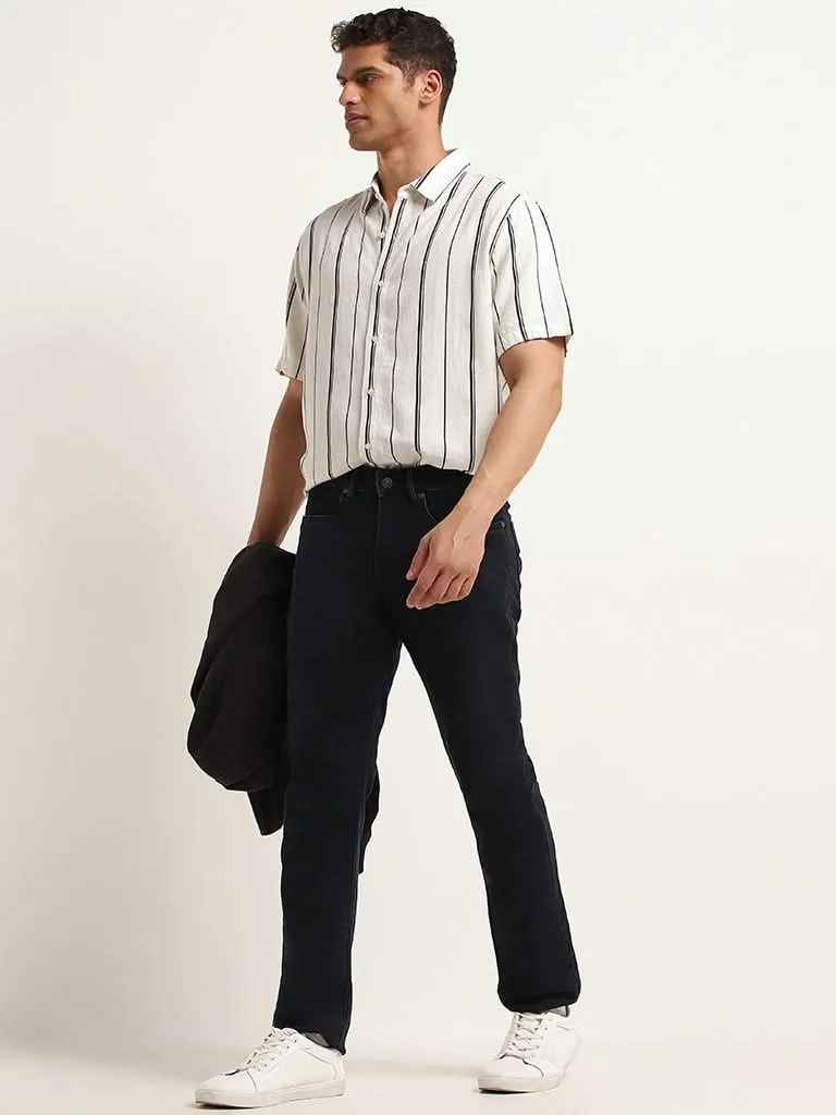 Ascot Navy Striped Relaxed Fit Blended Linen Shirt