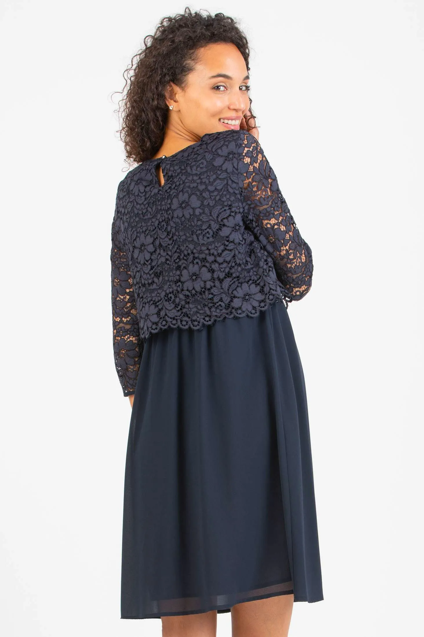 Ava Lace & Chiffon Maternity Nursing Dress In French Navy