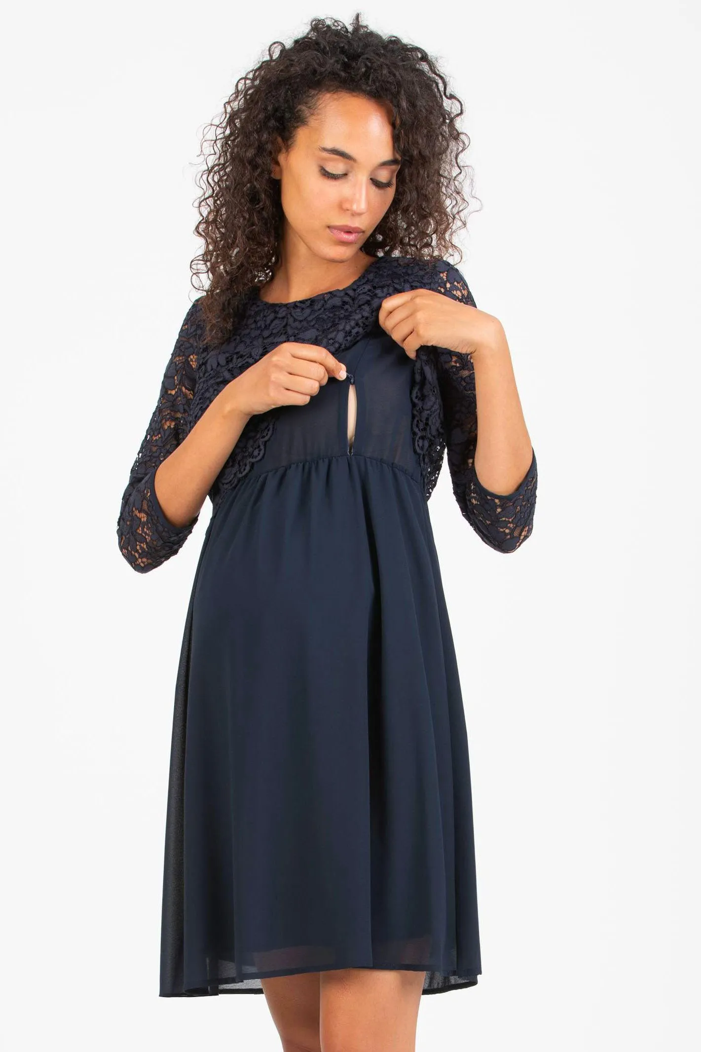 Ava Lace & Chiffon Maternity Nursing Dress In French Navy