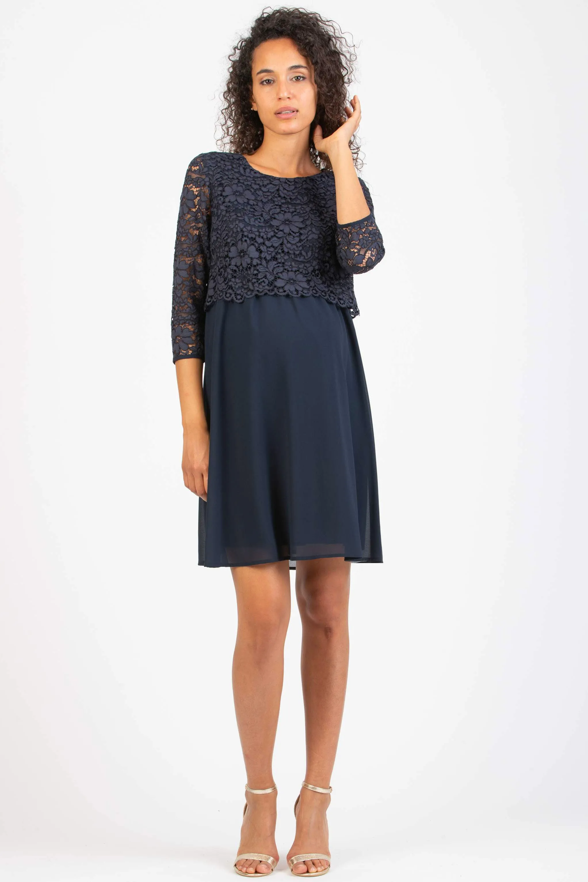 Ava Lace & Chiffon Maternity Nursing Dress In French Navy