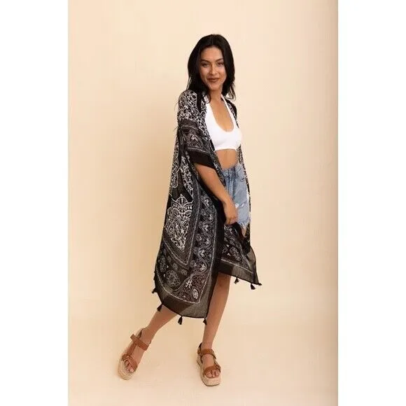 Black Mandala Printed Tassel Open Kimono Coverup Casual Wrap One Size