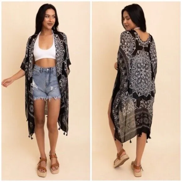 Black Mandala Printed Tassel Open Kimono Coverup Casual Wrap One Size