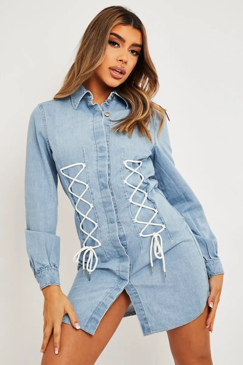 Blue Corset Lace Front Denim Mini Dress - Galya