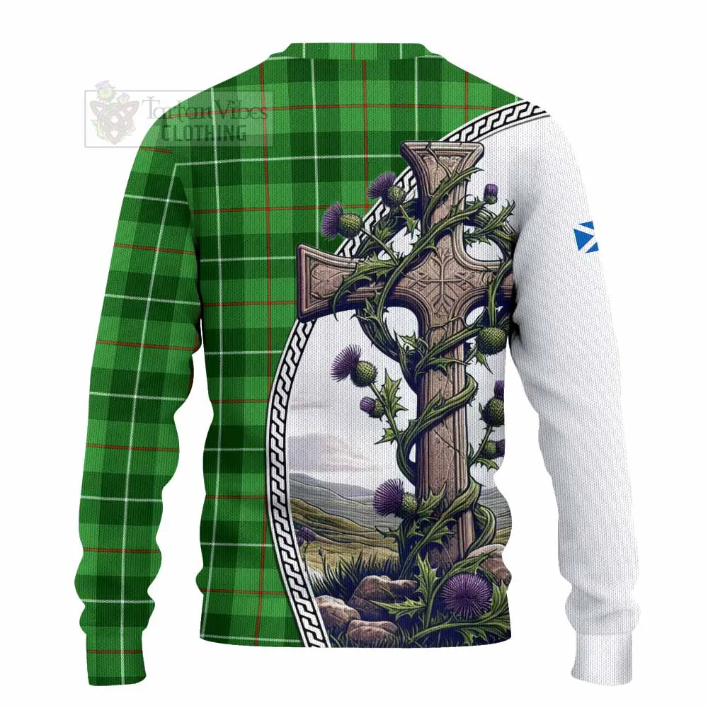 Boyle Tartan Knitted Sweater with Family Crest and St. Andrew's Cross Accented by Thistle Vines