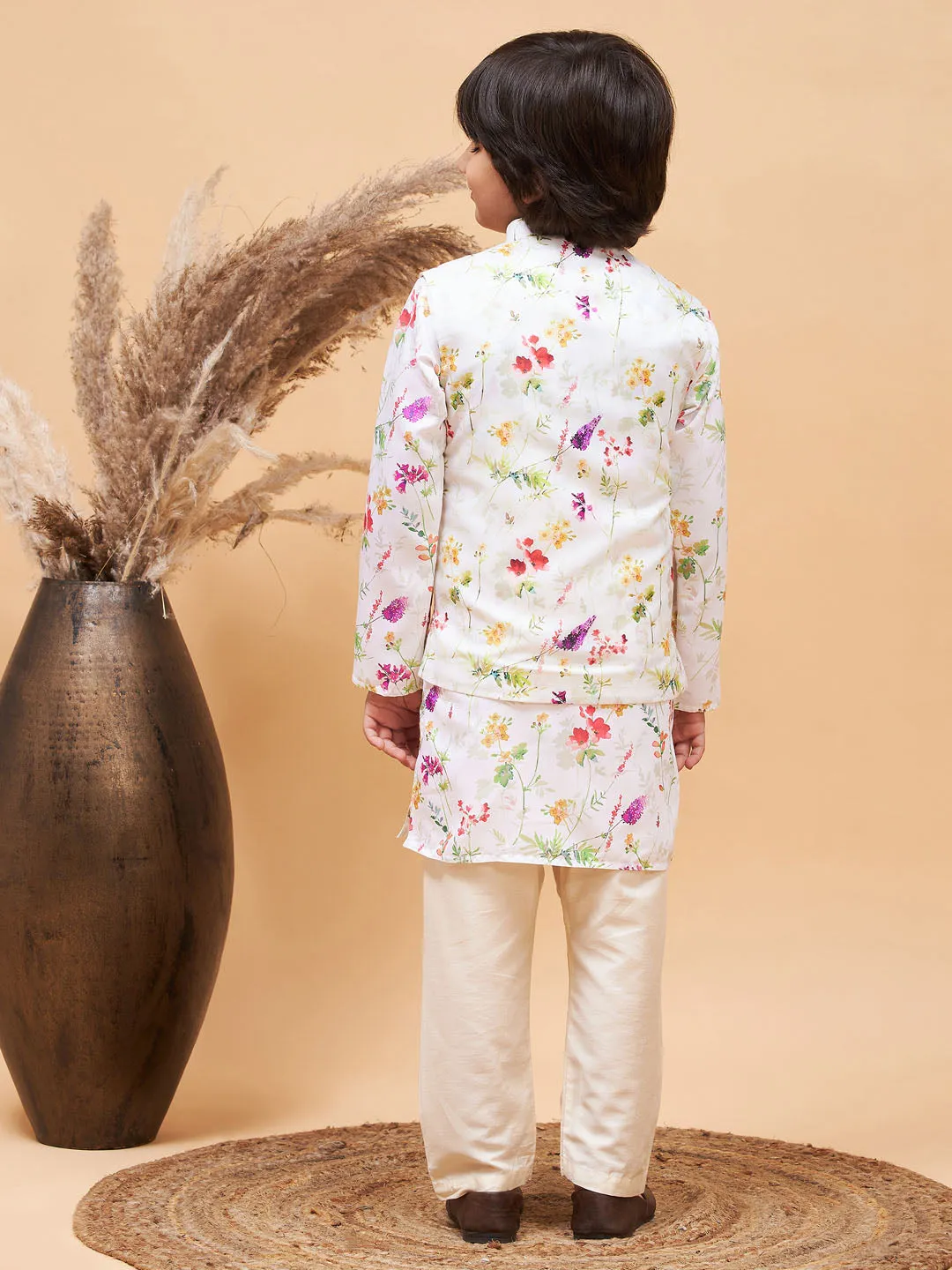 Boy's Multi Color Cream Base Jacket, Kurta And Pyjama Set - Vastramay Boys