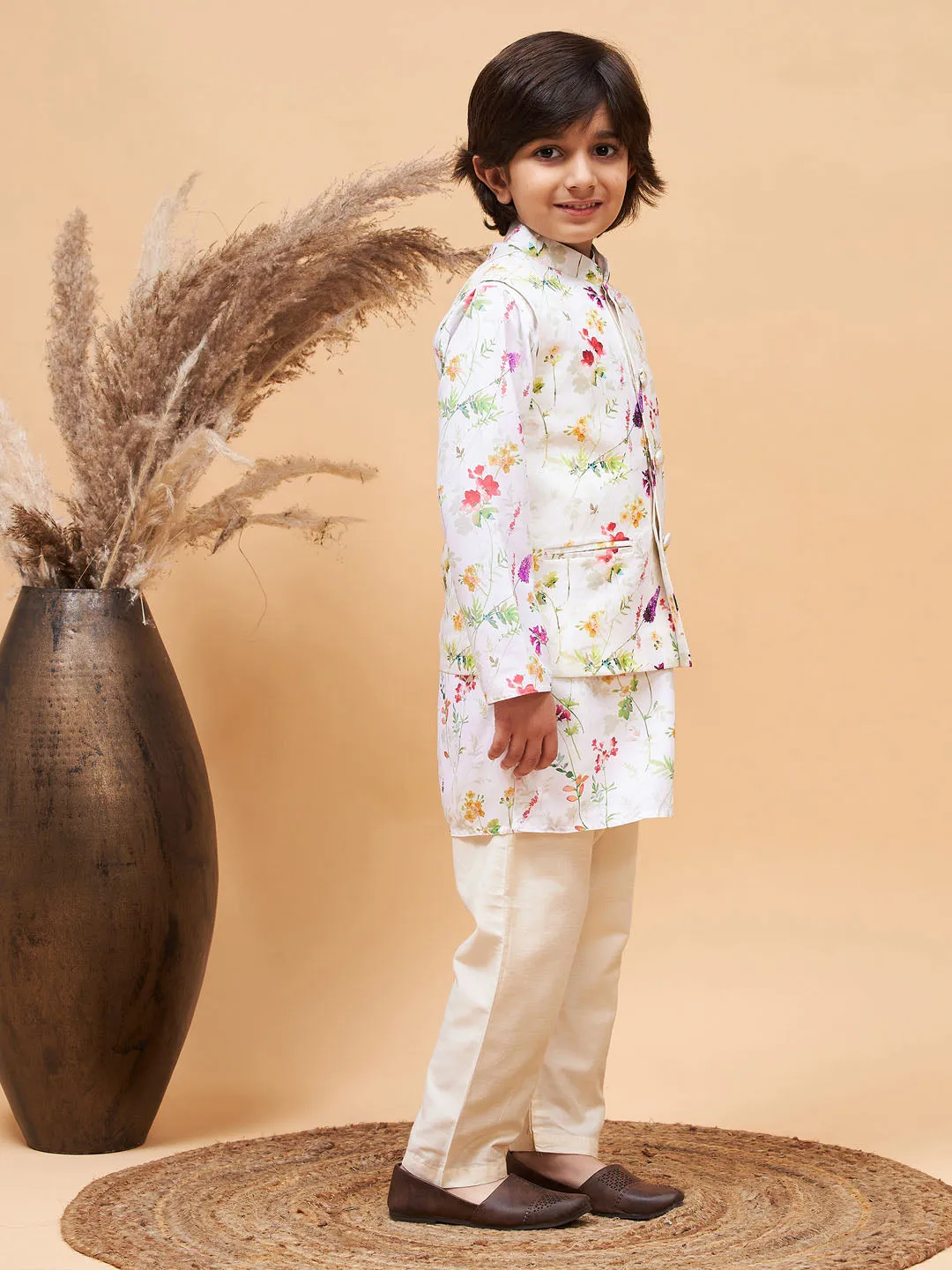 Boy's Multi Color Cream Base Jacket, Kurta And Pyjama Set - Vastramay Boys