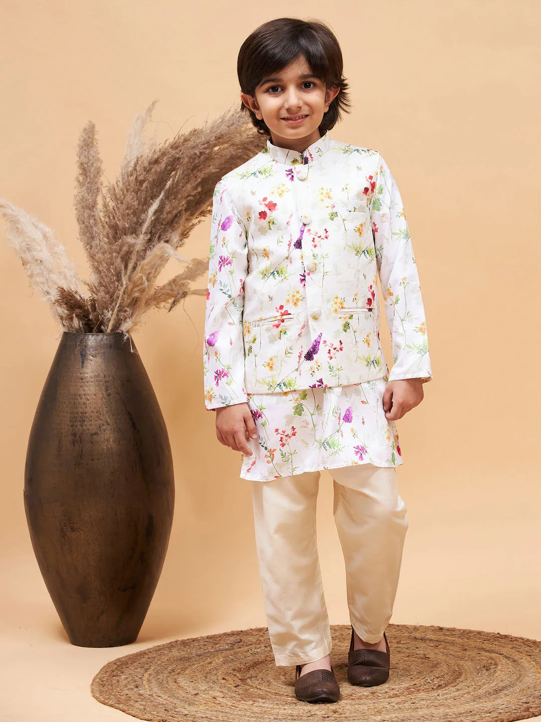 Boy's Multi Color Cream Base Jacket, Kurta And Pyjama Set - Vastramay Boys