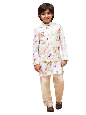 Boy's Multi Color Cream Base Jacket, Kurta And Pyjama Set - Vastramay Boys