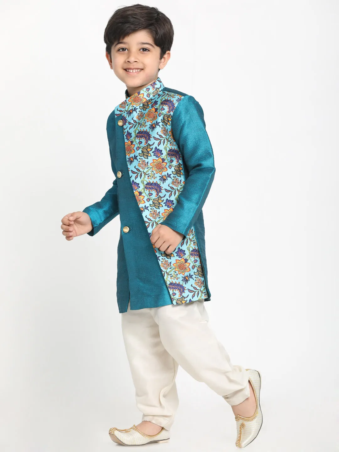 Boy's Multicolor Base Blue Silk Blend Kurta And Dhoti Set - JBN Creation