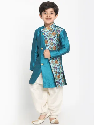 Boy's Multicolor Base Blue Silk Blend Kurta And Dhoti Set - JBN Creation