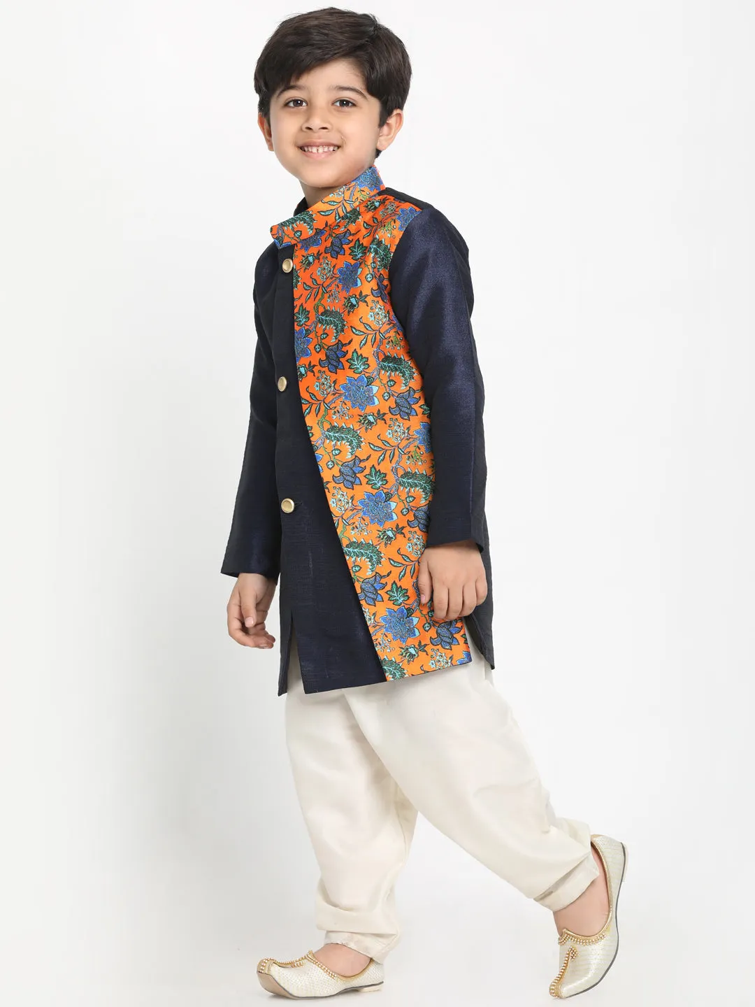 Boy's Multicolor Base Navy Silk Blend Kurta And Dhoti Set - JBN Creation