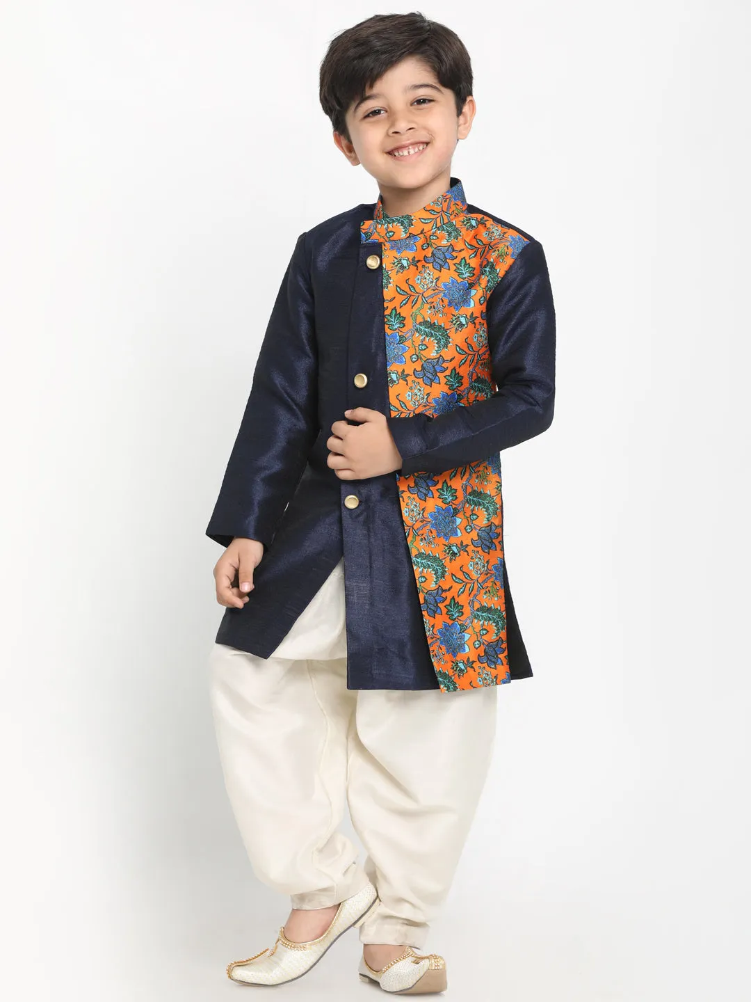 Boy's Multicolor Base Navy Silk Blend Kurta And Dhoti Set - JBN Creation