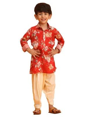 Boy's Multicolor Base Red Kurta Patiala Set - Vastramay Boys