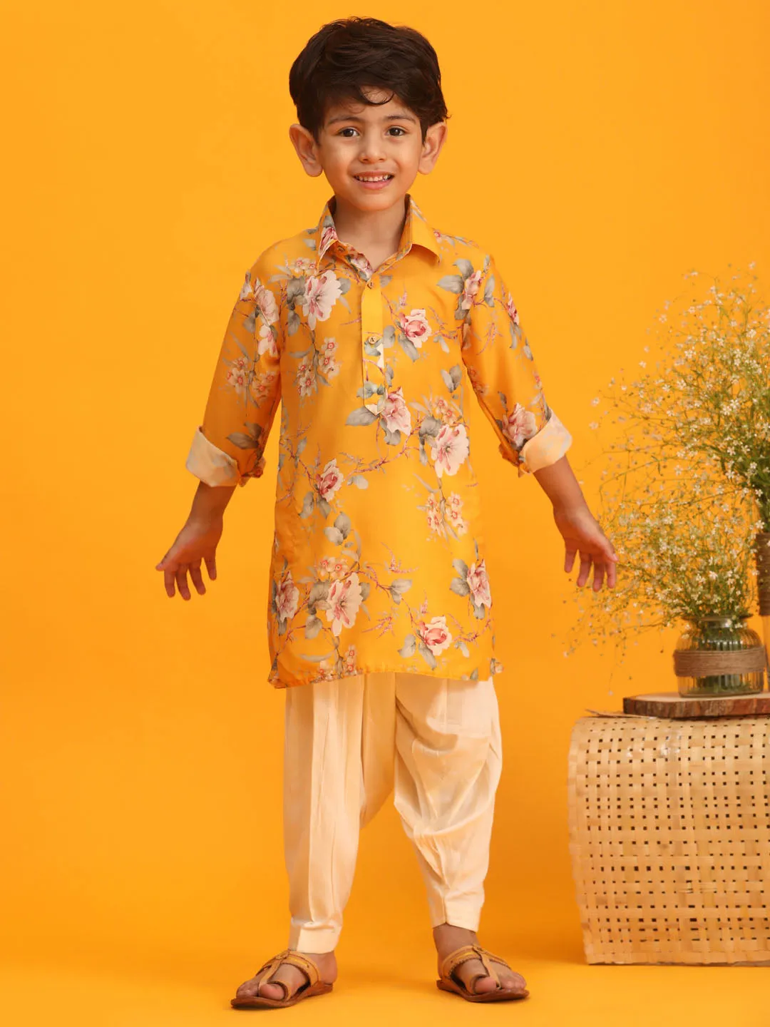 Boy's Multicolor Base Yellow Kurta Patiala Set - Vastramay Boys