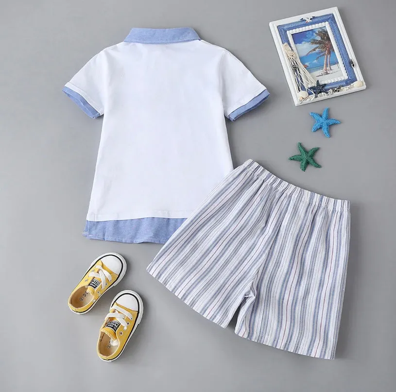 Boys Striped Lapel Matching Shorts Set