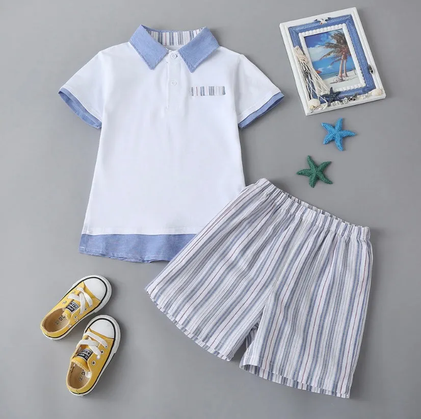 Boys Striped Lapel Matching Shorts Set