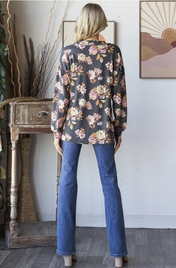 Charcoal Floral Long Sleeve V-Neck Top - #8272-8277