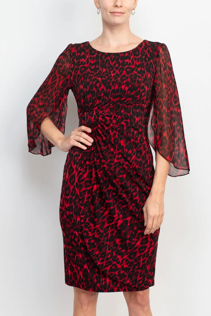 Connected Apparel boat neck 3/4 chiffon sleeve gathered side multi print matte jersey dress