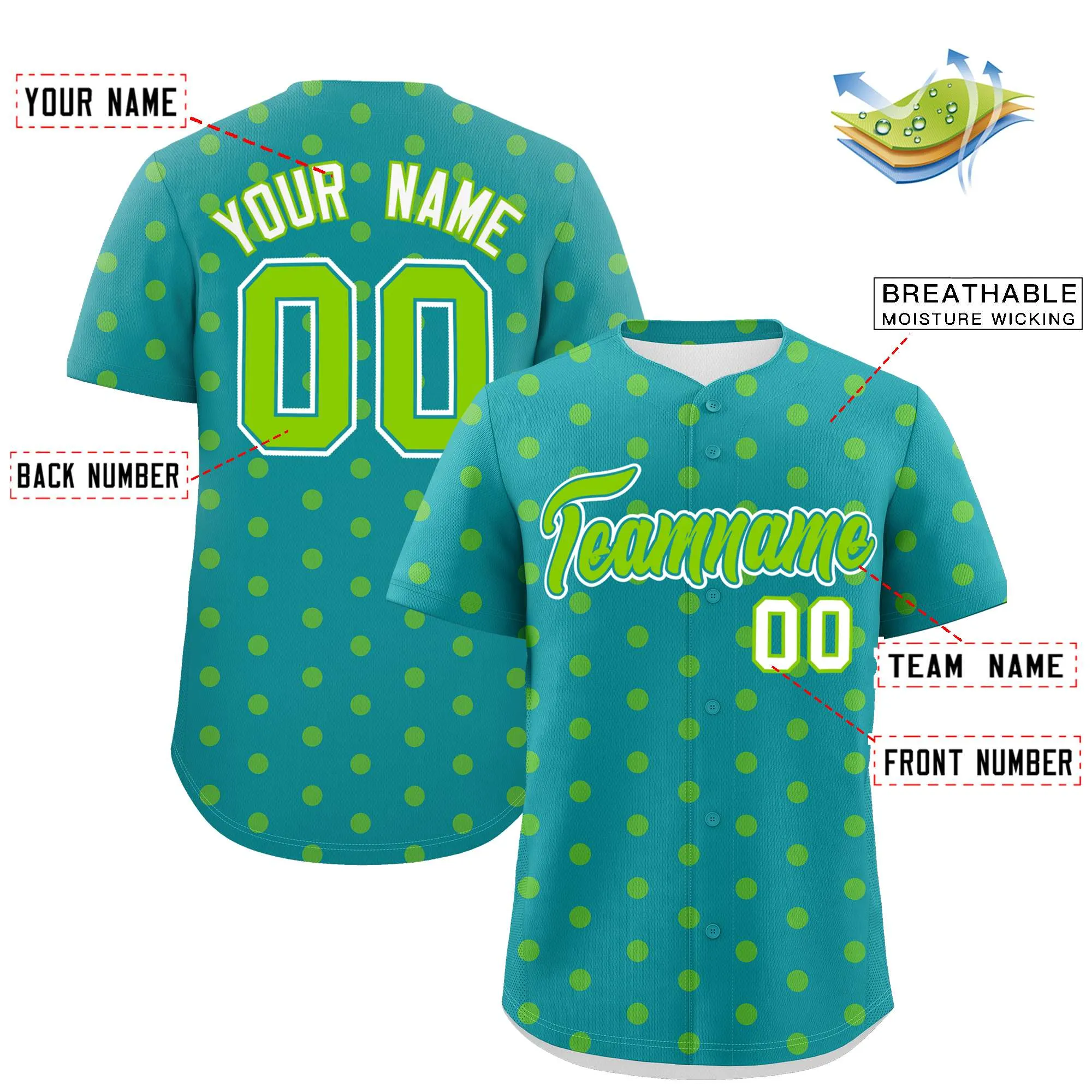 Custom Aqua Neon Green Personalized Polka Dot Graffiti Pattern Authentic Baseball Jersey