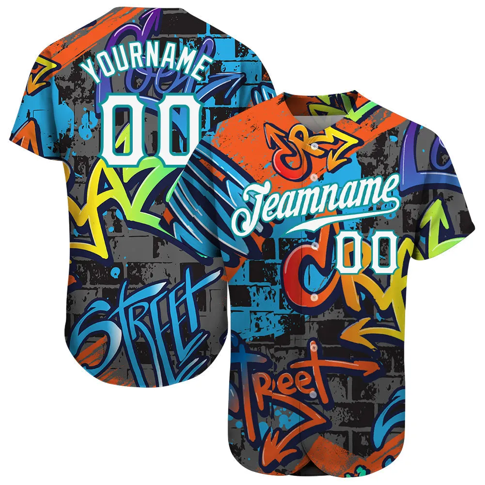 Custom Graffiti Geometric Pattern White-Teal 3D Authentic Baseball Jersey