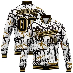 Custom Graffiti Pattern Black-Old Gold Grunge Urban Street Art 3D Bomber Full-Snap Varsity Letterman Jacket