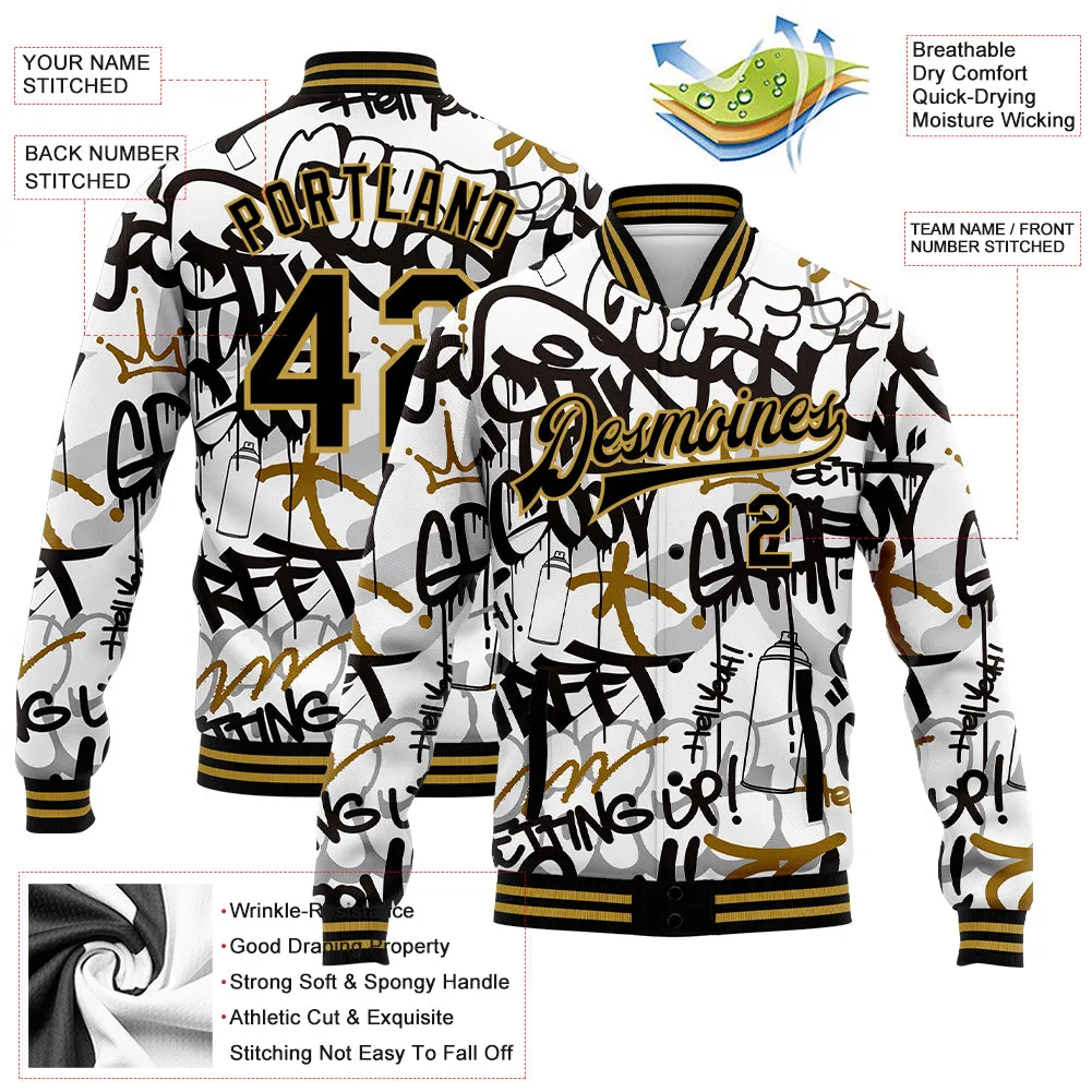 Custom Graffiti Pattern Black-Old Gold Grunge Urban Street Art 3D Bomber Full-Snap Varsity Letterman Jacket