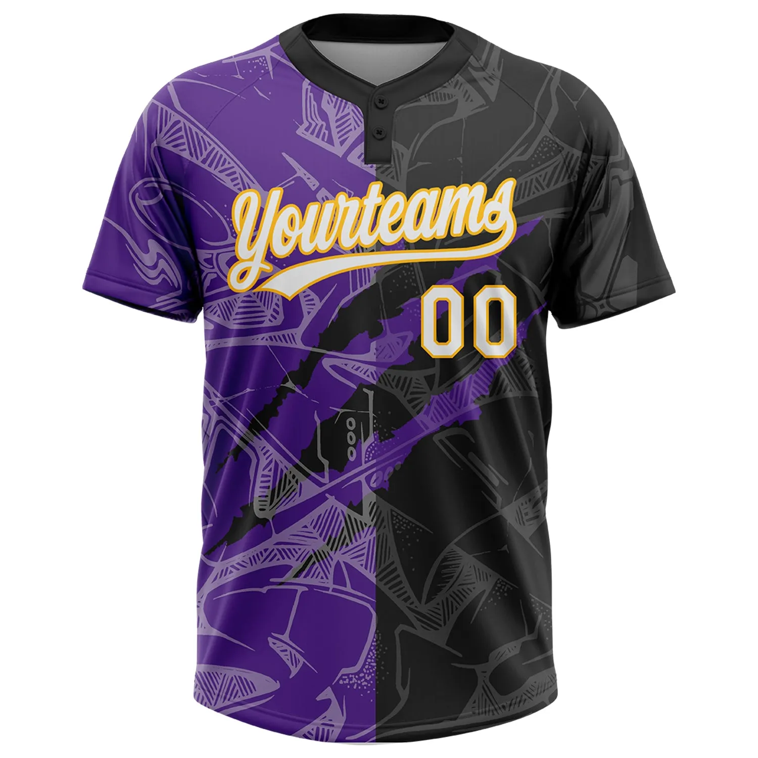 Custom Graffiti Pattern Black Purple-Gold 3D Two-Button Unisex Softball Jersey