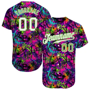 Custom Graffiti Pattern White-Neon Green 3D Authentic Baseball Jersey