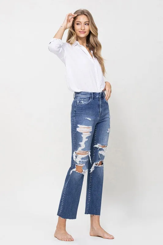 Distressed High Rise Ankle Relaxed Straight Jeans