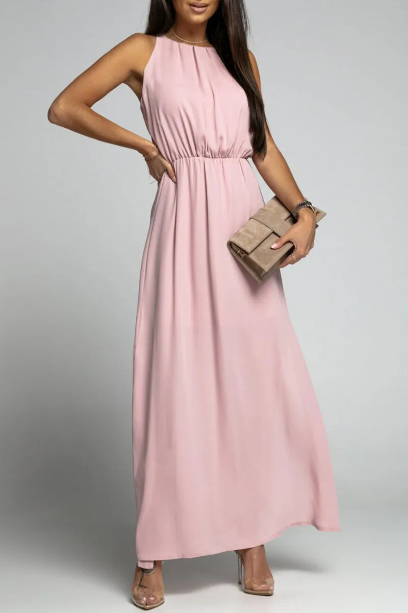 Elegant Solid Backless Slit O Neck Sleeveless Dress Dresses