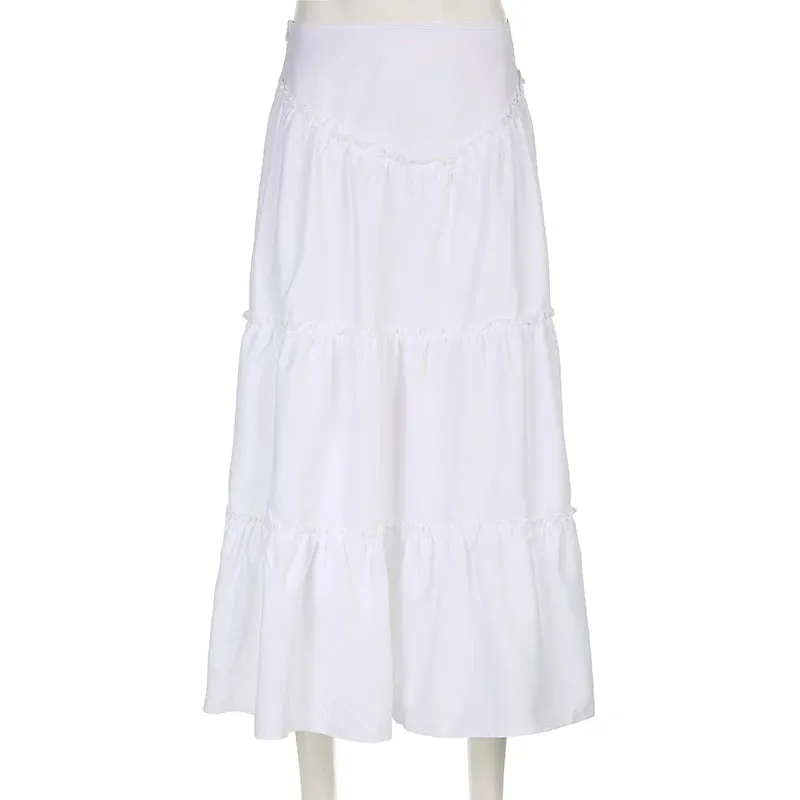 Fairycore Floral Edge A-line Long Skirt White Coquette Aesthetic Skirts Y2K Holiday Party Casual Outfit Sweet Skirts