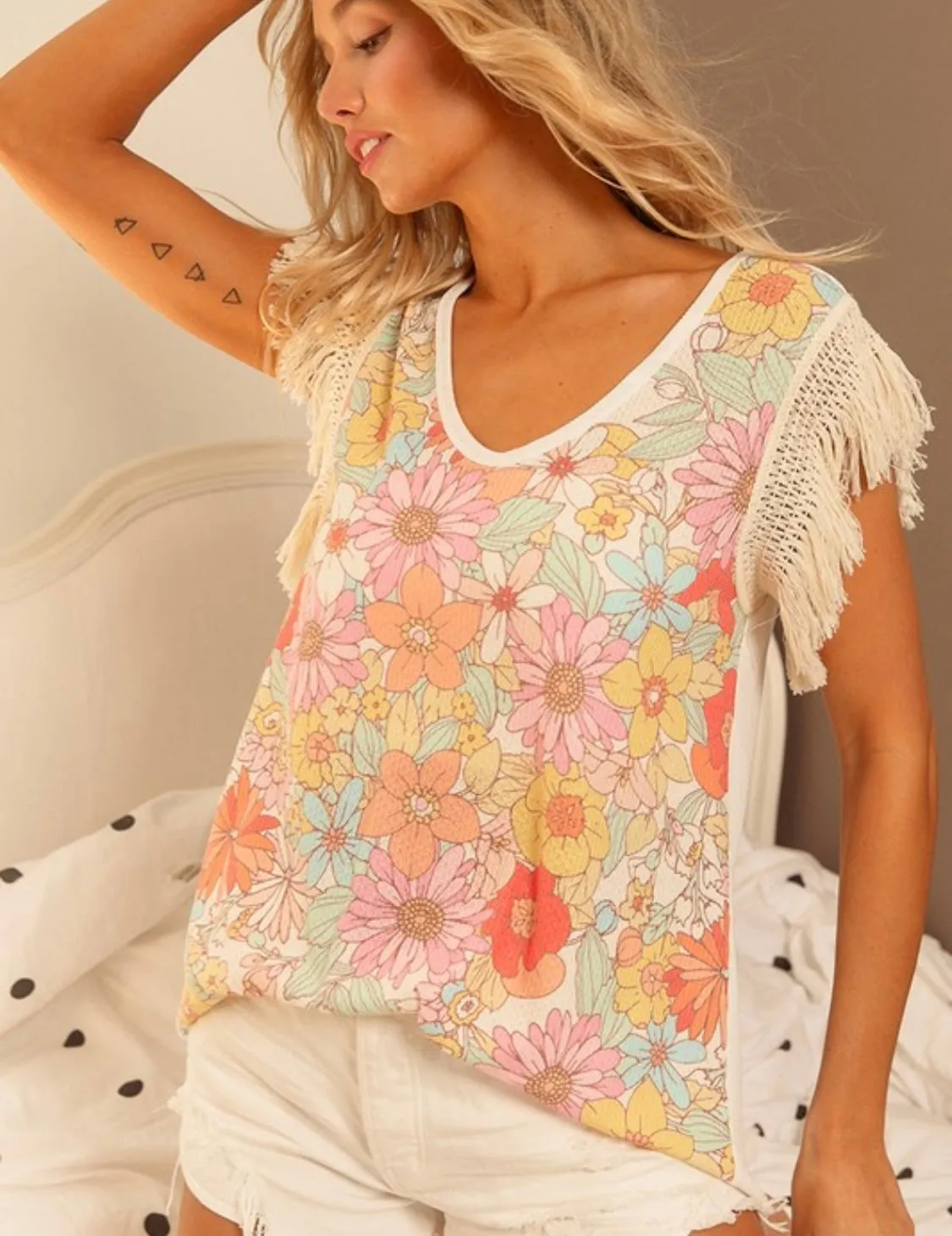 Floral Crochet Fringe Top