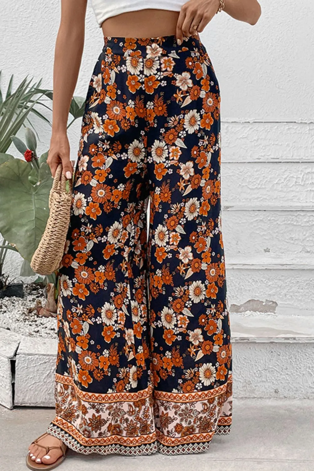 Floral Wide Leg Beachy Pants with Pockets