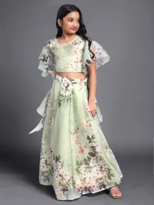 Girl's Green Organza Floral Printed Lehenga Choli Set - Aks Girls