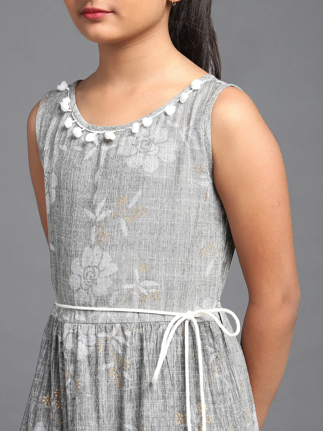 Girl's Grey & White Floral Printed Flared Maxi Dress - Aks Girls