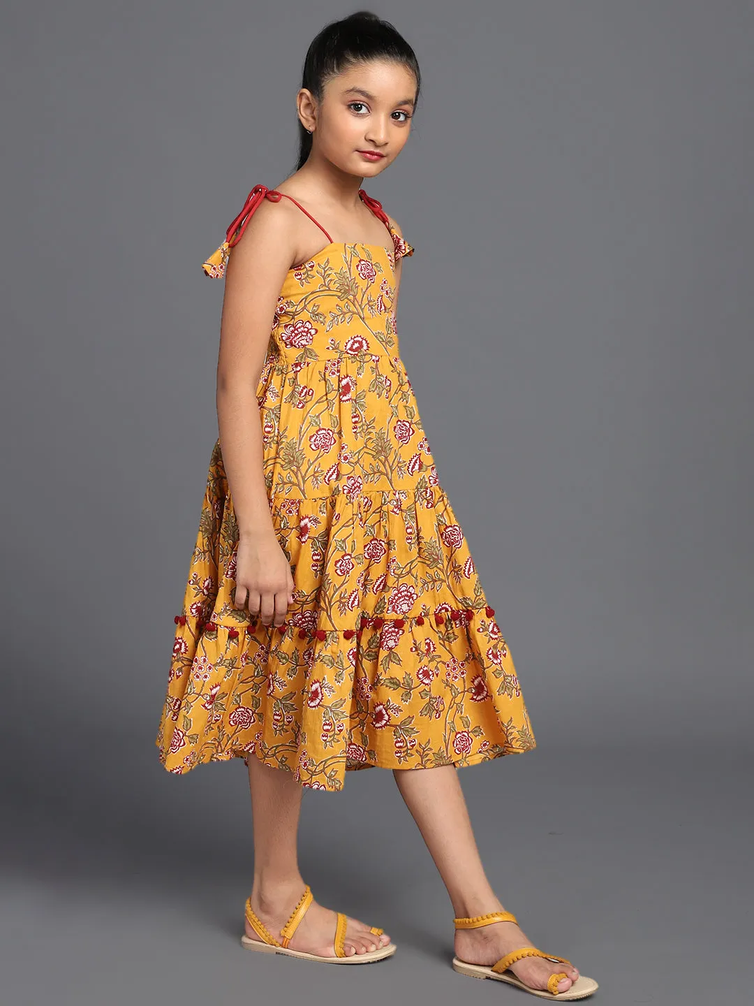 Girl's Mustard & Maroon Floral Printed Tiered Dress - Aks Girls