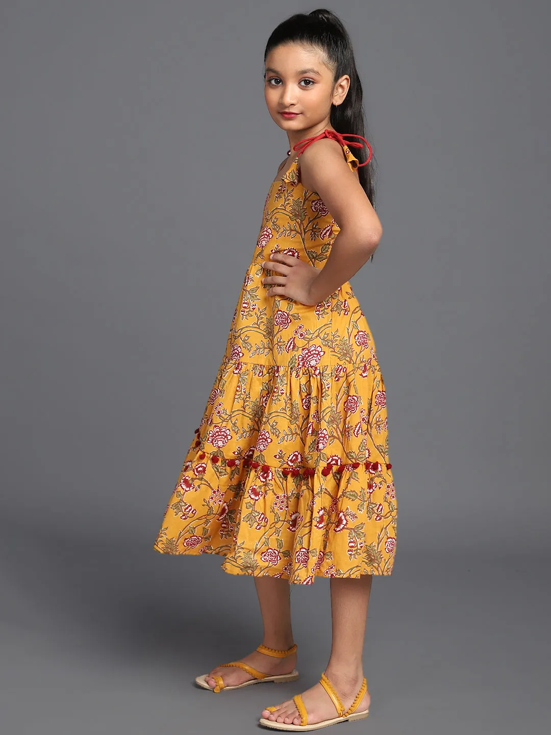 Girl's Mustard & Maroon Floral Printed Tiered Dress - Aks Girls