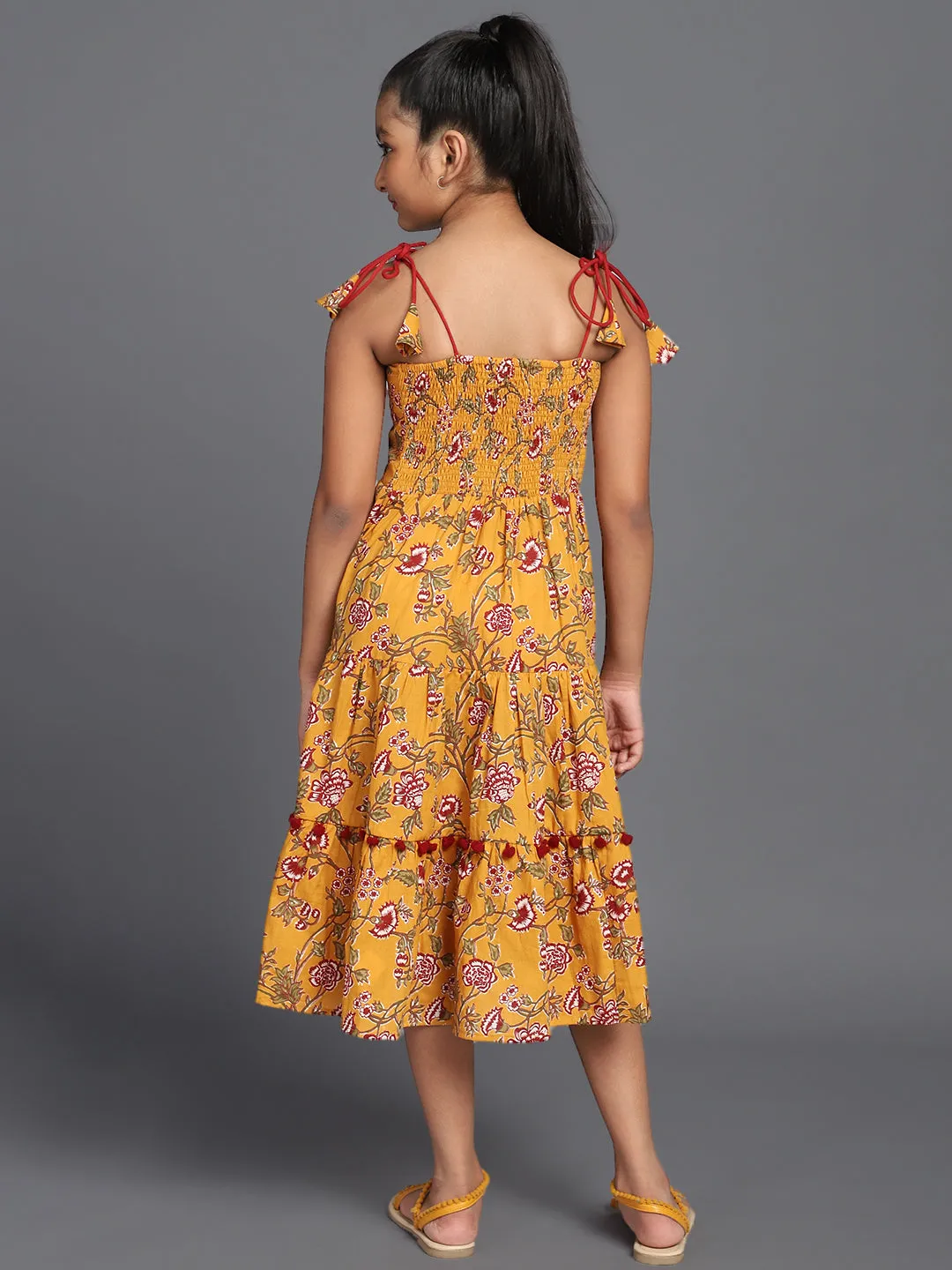 Girl's Mustard & Maroon Floral Printed Tiered Dress - Aks Girls