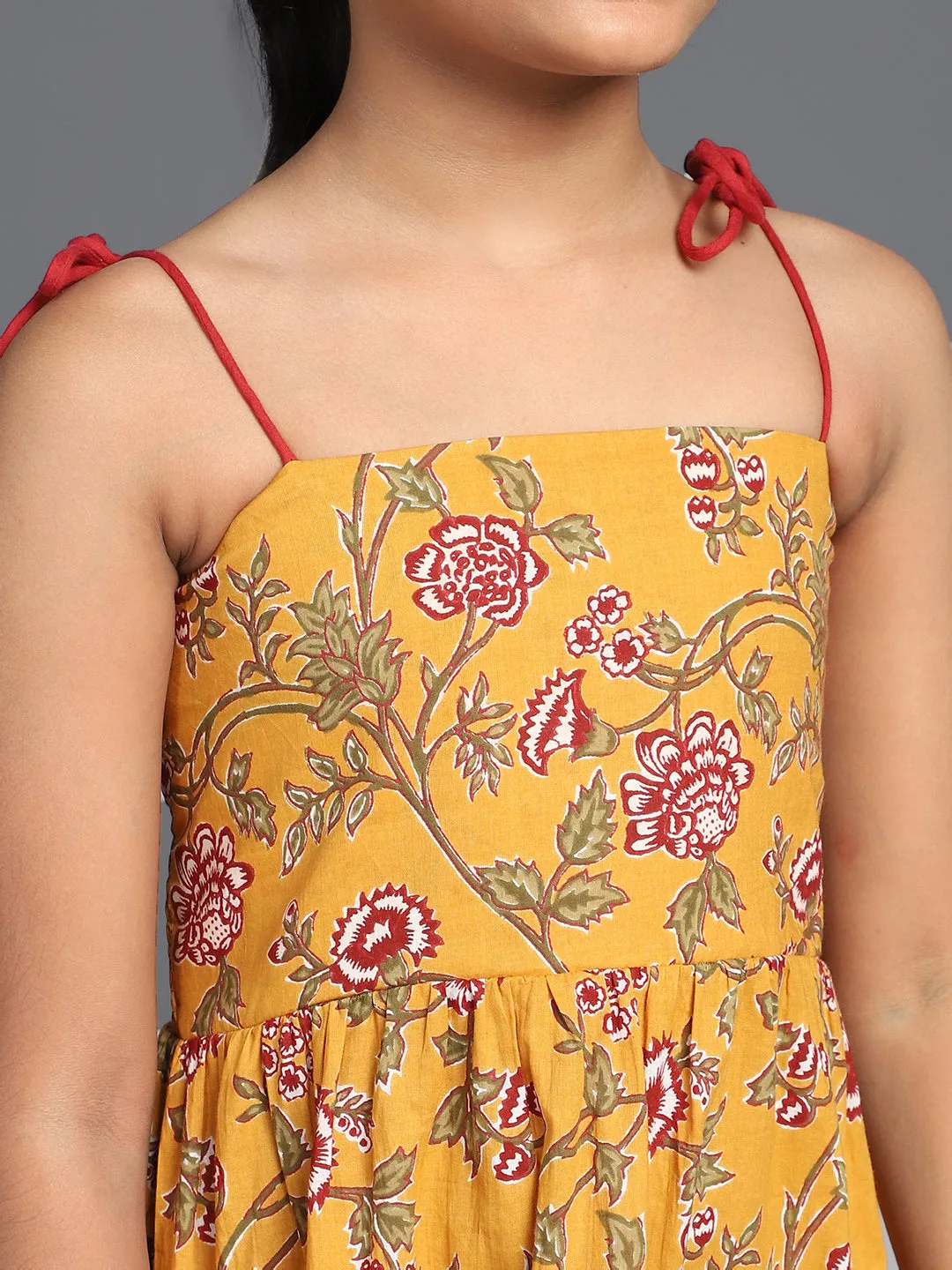 Girl's Mustard & Maroon Floral Printed Tiered Dress - Aks Girls