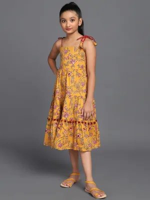 Girl's Mustard & Maroon Floral Printed Tiered Dress - Aks Girls