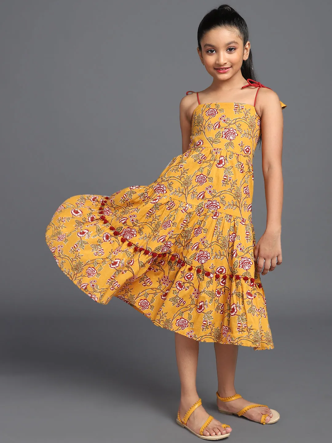 Girl's Mustard & Maroon Floral Printed Tiered Dress - Aks Girls