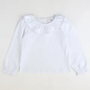 Girls Ruffle Neck L/S Blouse - White Knit