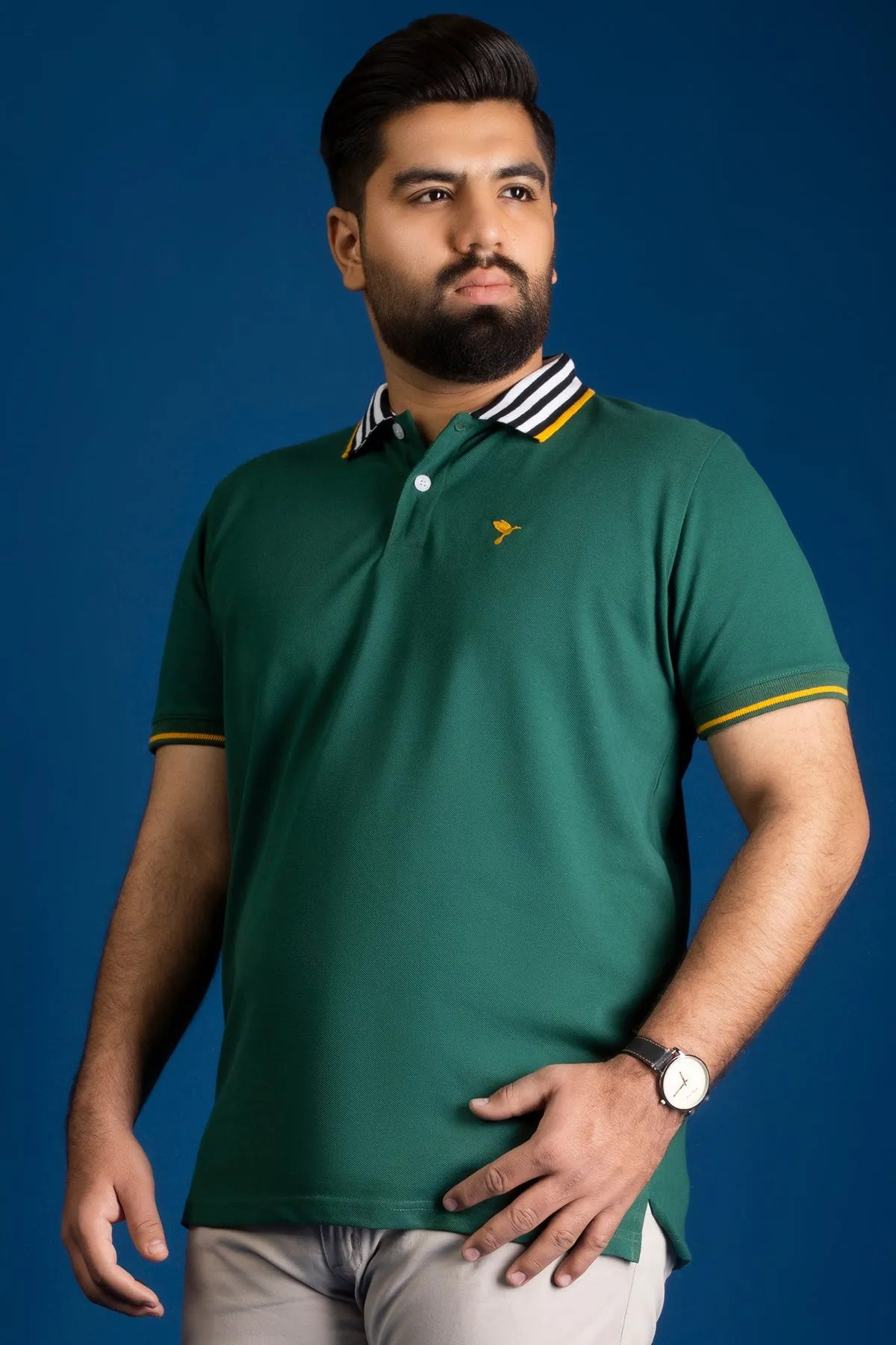 Green Contrast Striped Collar Polo Shirt (Plus size) - A24 - MP0245P